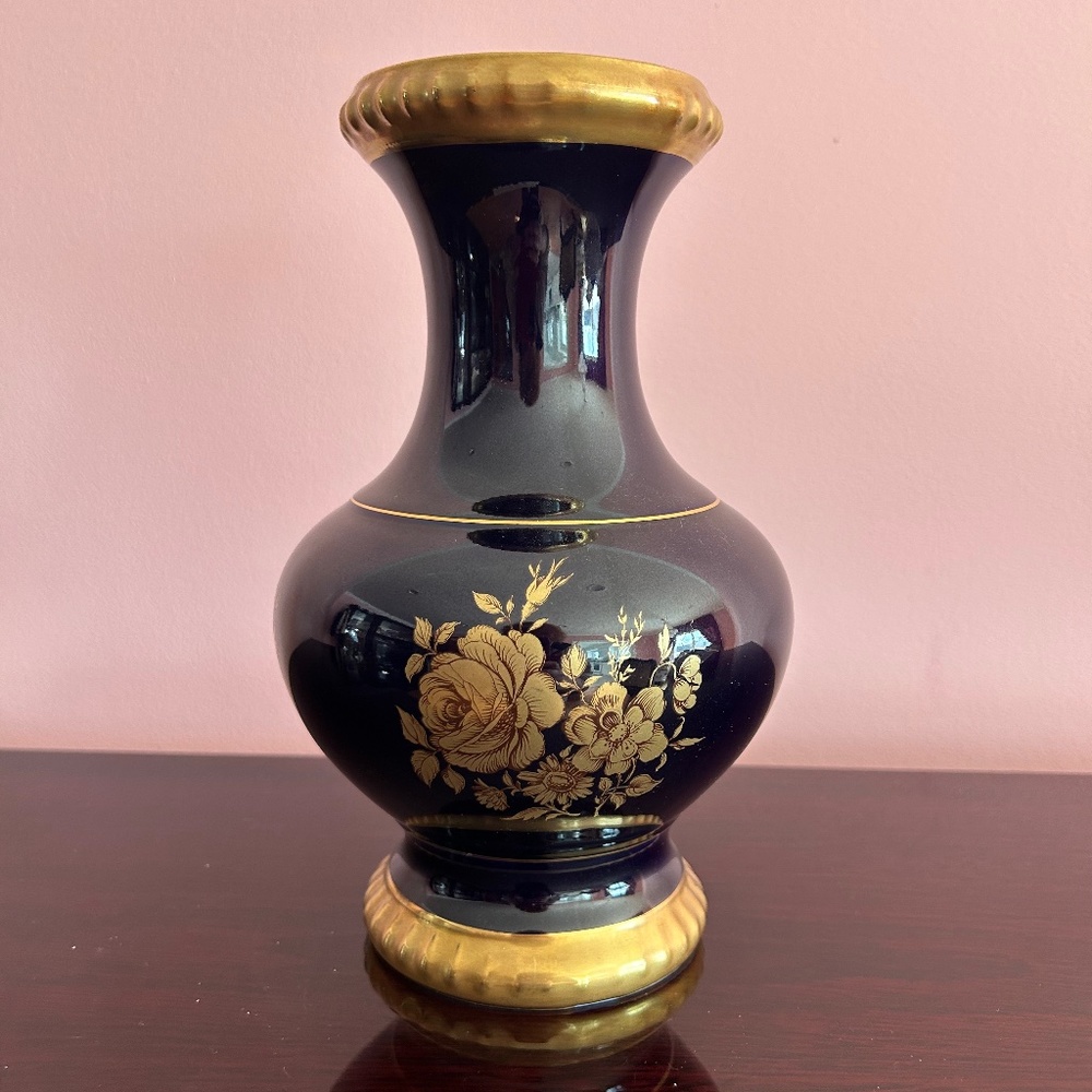 Vintage Porcelain Bareuther Waldsass Cobalt + Gold Vase Made in Bavaria Germany